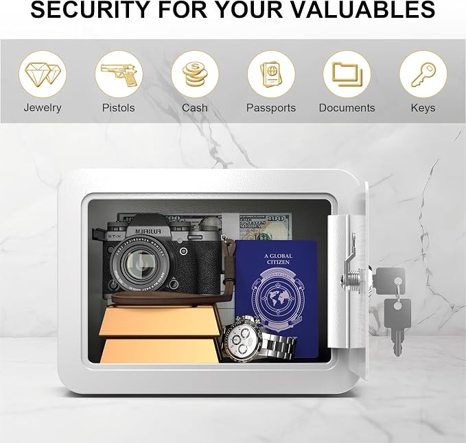 Marcree 0.23 Cubic Safe Box for Kids, Steel Security Safe with Key Lock | Home Safes with Rounded Design for Child Protection, Personal Lock Box for Home, 6.69 x 9.06 x 6.69 Inches, White - Image 5