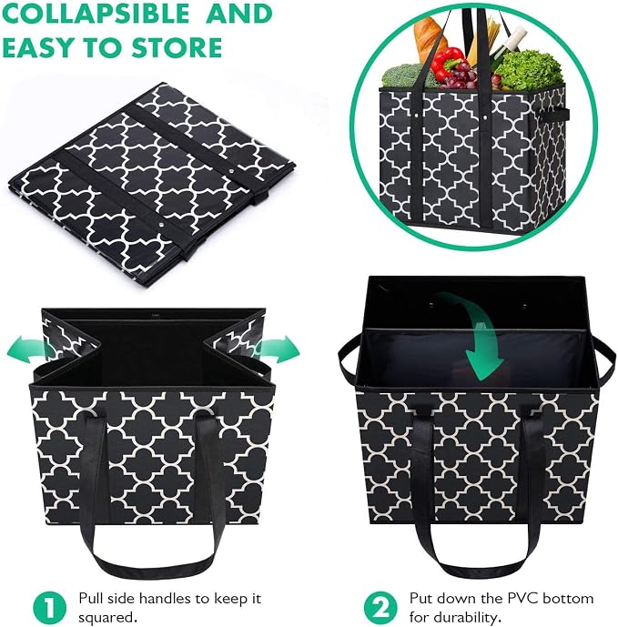 Reusable Grocery Bags 6-Pack Foldable Washable Large Storage Basket, Black | Water Resistant Shopping Tote Bag Bins - Image 5