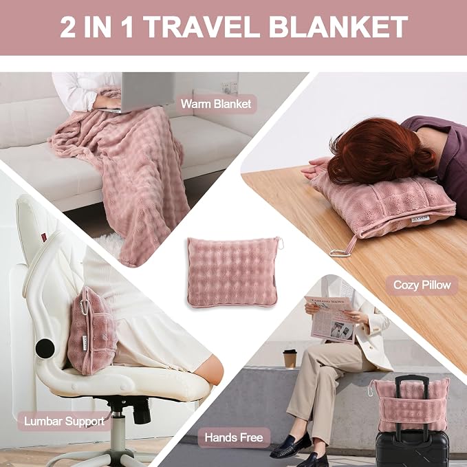 Soft Cozy Travel Blanket for Airplane Train and Car, Dusty Pink | Lightweight, Blanket or Pillow 2 in 1, Compact with Portable Bag Pillowcase, with Luggage Sleeve and Backpack Clip - Image 2