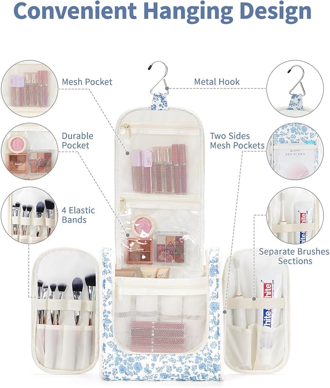 Narwey Large Hanging Toiletry Bag for Women Travel Makeup Bag Make up Organizer Toiletries Bag for Cosmetics Essentials Accessories (Large, Blue Flower) - Image 2