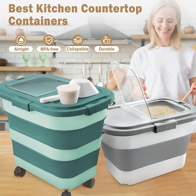 Rice Storage Container, Collapsible Airtight 10-40 Lb Rice Storage Container, 25lb Pet Dog Food Storage Container, Rice Dispenser Bin with Cup and Scoop for Flour Cereal Pasta Grain, Cat Bird - Image 3