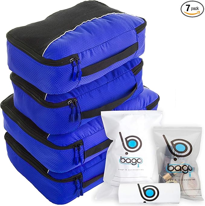 bago 7 Pcs Packing Cubes for Suitcases - 4 Travel Cubes with 3 ZipLock Bags - Luggage Organizer Bags to Get Maximum Storage, Save Time & Effort to Pack - Happy Traveling (Deep Blue) by BagoTravelBags
