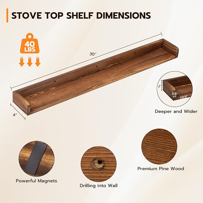 Fun Memories Stove Top Shelf, 30" Magnetic Shelf for Kitchen Stove, Pine Wood Stove Shelves, Wall Mounted Shelves for Home Storage Organization, Heat and Pressure Resistant, 1pcs, Dark Brown - Image 3