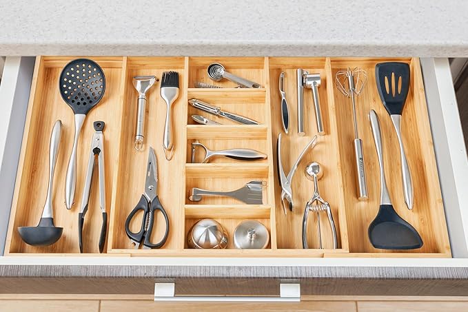 Extra Large Expandable Kitchen Drawer Organizer for Utensil and Junk, 19" Deep for Big Drawer, 19" to 33" Adjustable Bamboo Wood Drawer Divider, Cutlery Tray, Flatware Holder - Image 6