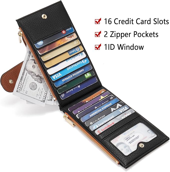 BOSTANTEN Leather Womens Wallet Large RFID Blocking Slim Card Holder | 16 Card Slots, 2 Zipper Pockets, Bifold, Long, Fits Most Purses, Organized Everyday Carry, Ladies Gifts, Black＆Brown - Image 3