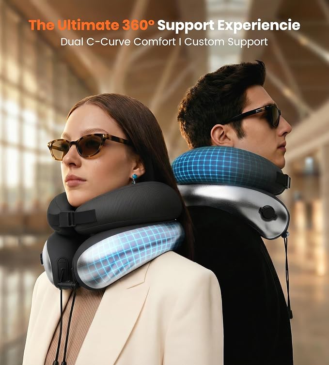 Neck Pillow for Traveling, Travel Pillows for Airplanes, Adjustable Neck Pillow Airplane Travel Essentials - 2 Layer Patented | Inflatable Air Loop & Memory Foam for 360° Ergonomic Support - Image 3