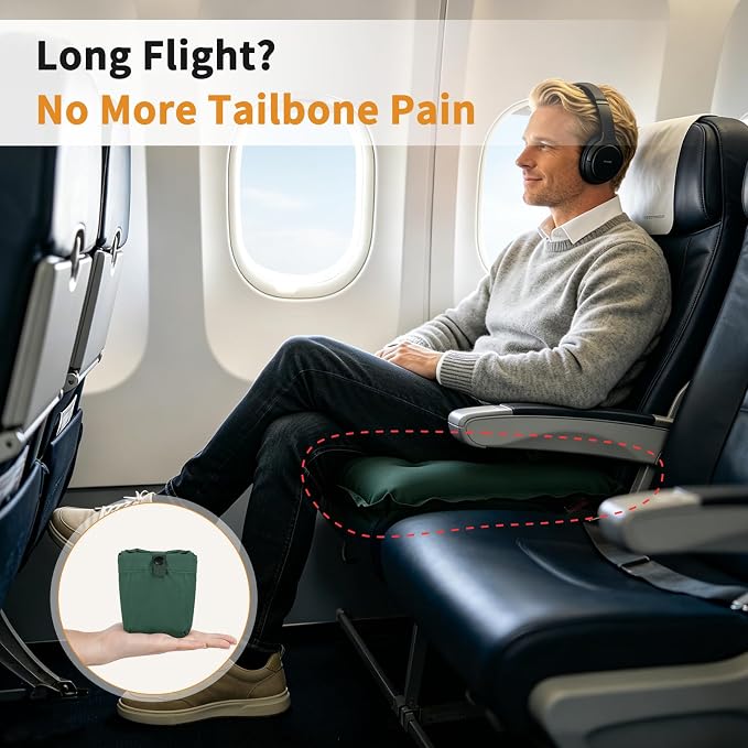Inflatable Seat Cushion with Adjustable Firmness (Dark Green) | adjustable firmness, lightweight, waterproof, non-slip. For stadium, office, camping, car & long flights - Image 2