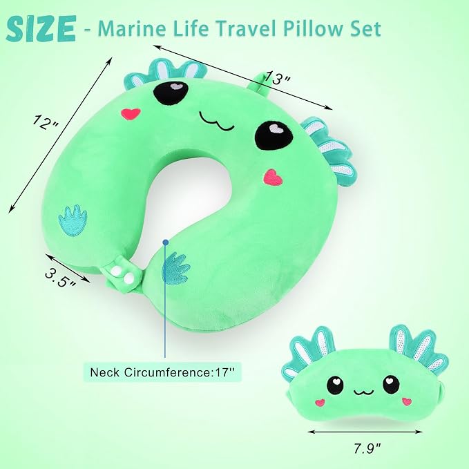Travel Pillow, Kids Travel Pillow with Sleep Eye Mask Soft Memory Foam Kids Neck Pillow for Boys & Girls, Travel Accessories for Car Airplane Traveling - Green Axolotl - Image 2