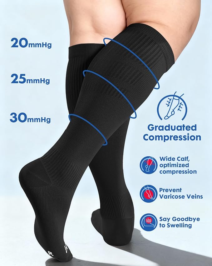 3-Pair Wide Calf Compression Socks for Women | 20-30mmHg Graduated Support, Easy On & Off, Knee High Length, Ankle Support, Travel Nurse Daily Wear, Cute Patterned - Image 5
