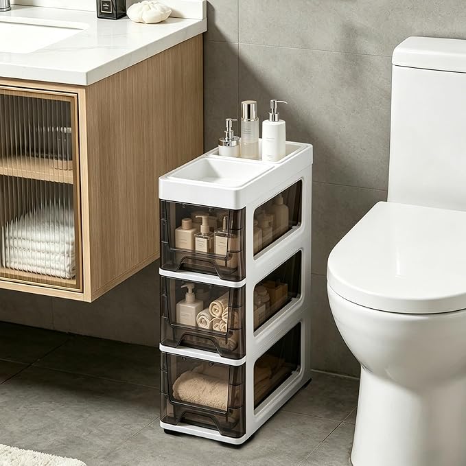 3 Drawer Storage Organizer, Narrow Slim Plastic Storage Drawer Cart with 4 Wheels, 3 Tier Space Saving Storage Tower Box, Narrow Storage Cart for Small Space Bedroom Bathroom Kitchen Pantry Office by Unknown