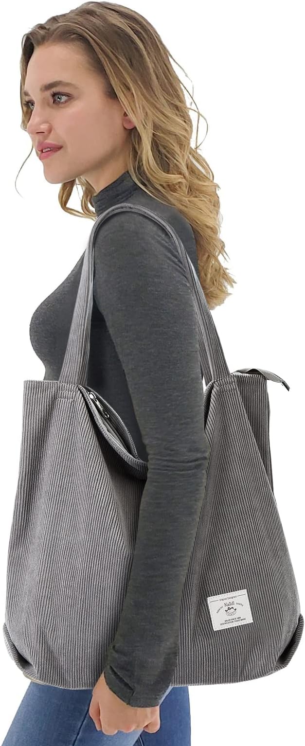 KALIDI Women Corduroy Tote Bag Zipper Casual Tote's Handbag Big Capacity Shoulder Bag with Pockets - Image 9