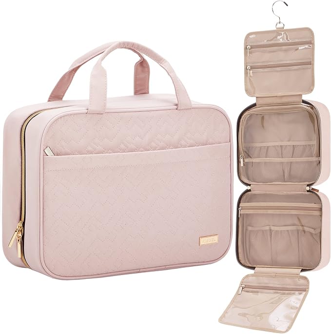 NISHEL Travel Toiletry Bag for women, Portable Hanging makeup Organizer | for Travel-Sized Shampoo, Conditioner, Brushes Set, makeup Accessories, Large Size, Pink by NISHEL