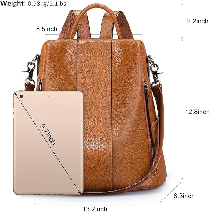 S-ZONE Leather Backpack Purses for Women Antitheft Rucksack Shoulder Bag Medium | Genuine Leather, Medium Fits 9.7-inch Tablet, for Work Travel Daily Commute, Multi Pockets, Adjustable Dual Straps - Image 4