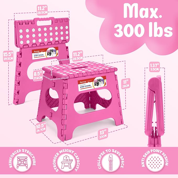 11" Folding Step Stool for Kids and Adults, Holds 300 lb, Rose red | Heavy Duty Collapsible Foot Stool, Lightweight with Built-in Handle, Non-Slip for Adults Kitchen Bathroom Bedroom Outdoor - Image 6