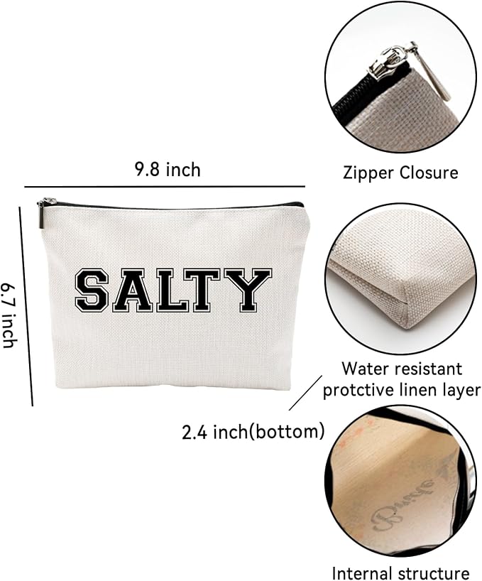 Funny Makeup Bag for Women - "SALTY" Sassy Cosmetic Pouch - Preppy Varsity Letter Style Travel Toiletry Organizer - Cute Beige Canvas Zipper Clutch for Beach Vacation, College Dorm & Best Friend Gift - Image 2