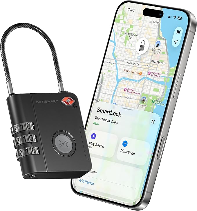 KeySmart SmartLock Tracking Luggage Locks, TSA Locks for Luggage, GPS Tracker, Combination Lock Compatible with Apple Find My App, Best Travel Essentials, Replaceable Non-Rechargeable Battery (1 Pack) by KeySmart