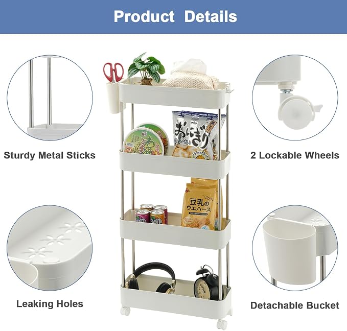 VECELO Storage Rolling Cart, 4 Tier Utility Cart Kitchen Slim Mobile Storage Unit Organizers with Wheels Hooks&Hanging Cups for Bedroom Bathroom Office Table Side in Narrow Places, White - Image 3