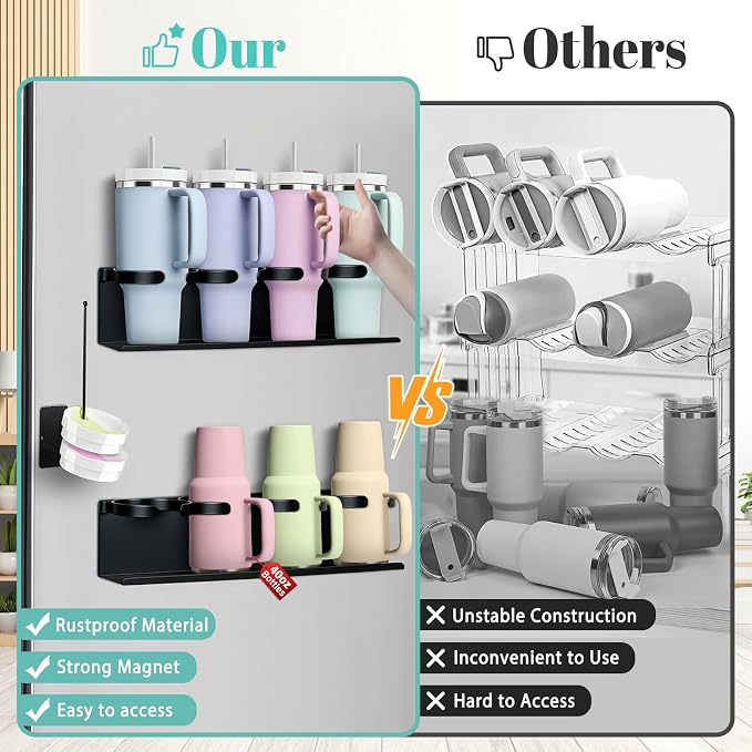 Magnetic Cup Holder for Fridge,8 Cups Water Bottle Organizer for Stanley 30 40 oz with Tumbler Lid Organizer,High Capacity Heavy Duty Kitchen Storage Rack Accessories - Image 6
