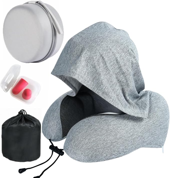Travel Neck Pillow with Extra Large Hood Rollable Airplant Hooded Neck Pillow with Memory Foam Filling and Removable, Skin-Friendly Cover with a Carrying Pouch by ILYISFMTY