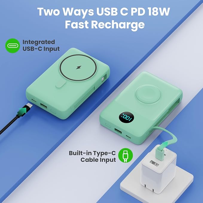 Magnetic Portable Charger 10800mAh with Built-in Cables,Wireless Power Bank for Magsafe,25W PD Fast Charging USB-C Travel Essentials Battery Pack for iPhone 17/16/15/14/13/12 Series,Apple Watch-Green - Image 6