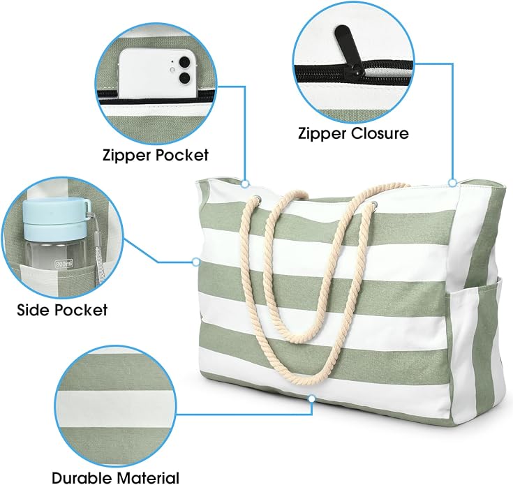 Becokan Beach Bags for Women Large Waterproof Beach Tote Bag Zipper Beach Bags Waterproof Sandproof Swim Pool Bag Large Tote - Image 4