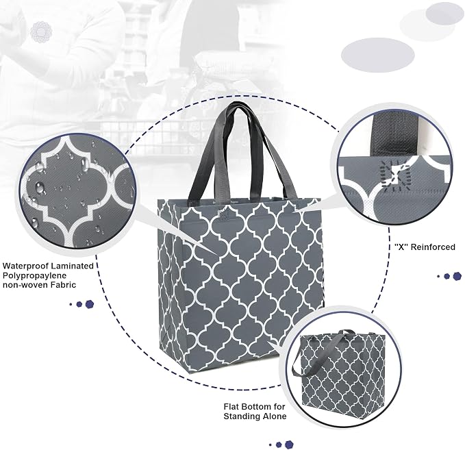 BeeGreen 6-Pack Foldable Reusable Grocery Bags – Large Cloth Tote Bag with Handles, Bulk Shopping- Bags in Geometric Design, Shopping Baskets, Utility Reusable Gift for Groceries - Image 3