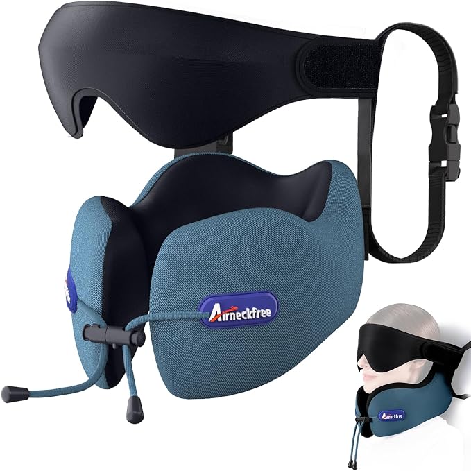 Travel Neck Pillow for Airplane,Memory Foam,3D Eye Mask | 360 Ergonomic Pillow Head Neck Chin Sleep Support Essentials for Traveling/Long-haul Light/Car/Train/Office/Home Teal by AirNeckFree