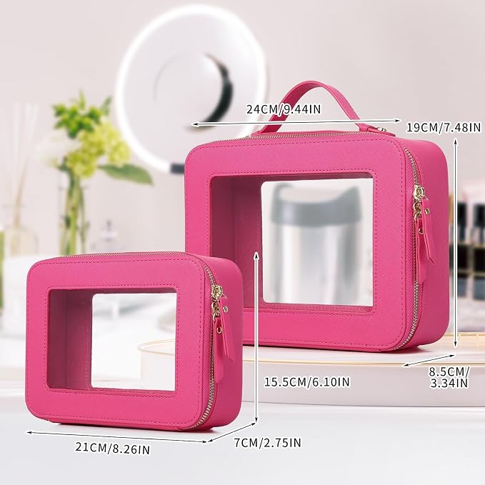 Pinkmik Clear Makeup Bag, (Fuxia, M+L) | 2PC,Waterproof, Travel Cosmetics and Toiletries Case, Portable Makeup Organizer, Clear Car Bag with Zipper - Image 2
