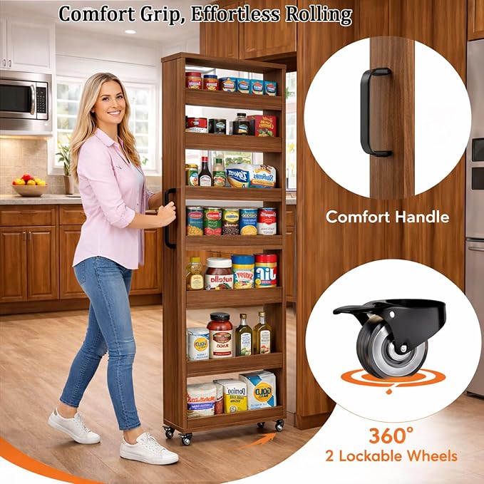 Beside Fridge Storage Slim Tall Cabinet - 7-Tier Tall Narrow Kitchen Pantry Pull Out Storage Cabinet Next To Fridge, Rolling Cart For Kitchen, Dorm, Bathroom, Laundry & Office (Walnut, 23.6 in) - Image 4