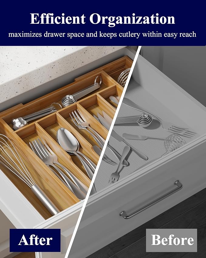 Kitsure Silverware Organizer, Bamboo Kitchen Drawer Tray, Natural, Large | Expandable Drawer Kitchen Organizer, Cooking Utensils & Cutlery, Sturdy & Thickened Design, Storage Solution - Image 8