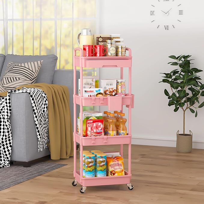 4 Tier Rolling Utility Cart with Drawer, Plastic Storage Organizer Rolling Carts with Wheels Handles Hanging Cups Hooks for Office, Bathroom, Kitchen,Craft Art Room (Pink) - Image 8