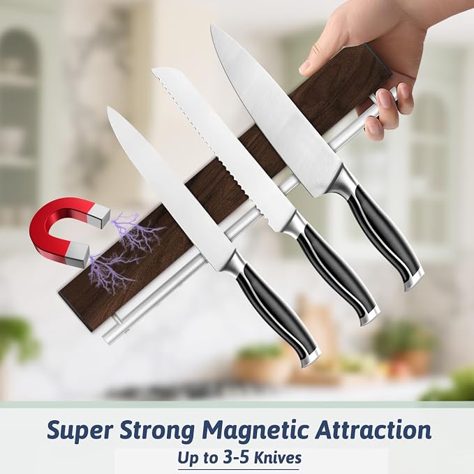 12 Inch Magnetic Knife Holder for Wall - Stainless Steel Magnet Knife Strip No Drill with 5 Hooks/Adhesive Tape/Screws, Wall Mounted Kitchen Utensil Holder, Walnut-Finish Magnetic Knife Organizer - Image 5