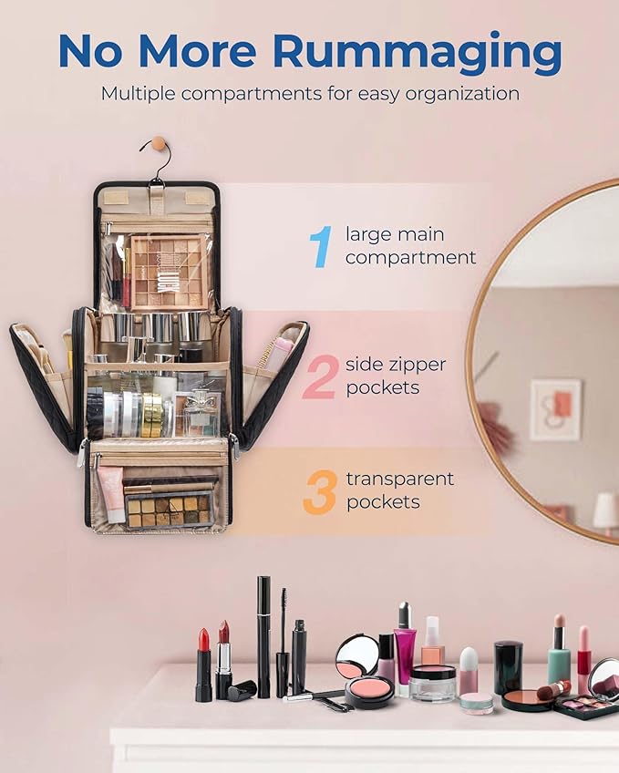 BAGSMART Toiletry Bag for Women, Travel Toiletry Bag Makeup Cosmetic Bag with Hanging Hook, Water-resistant for Toiletries Accessories Brushes Sponge - Image 2