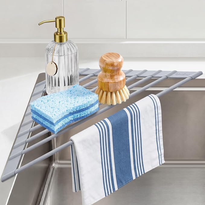 Ohuhu Triangle Roll Up Dish Drying Rack, Silicone Wrapped Steel Anti-Slip Sink Corner Rack Caddy Multipurpose Strainer for Kitchen Sink Trivet Space-Saving by Ohuhu