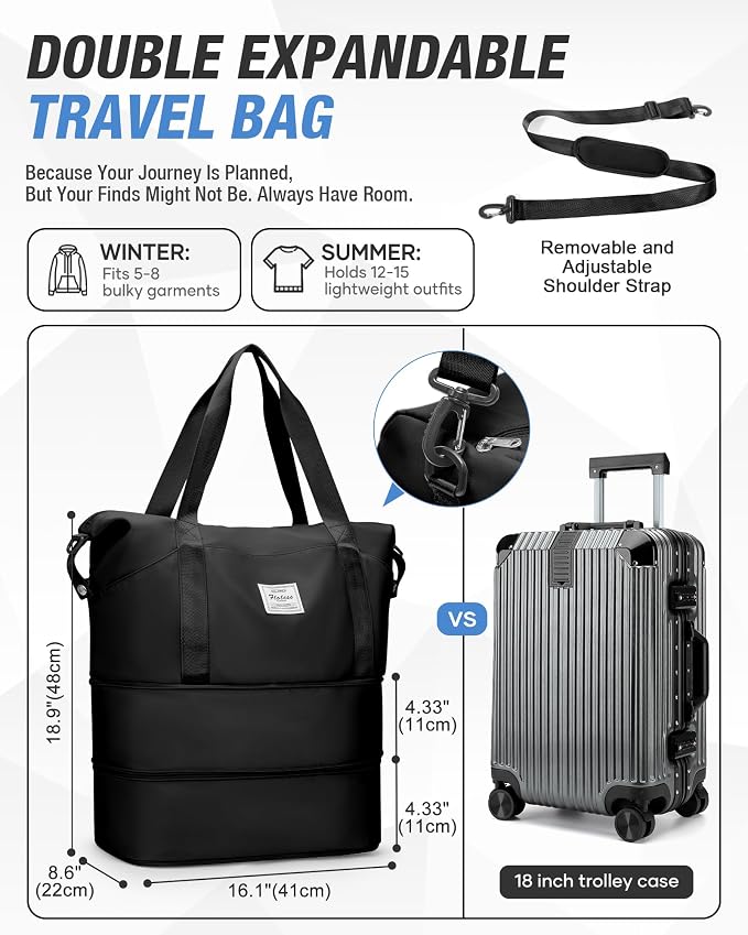 Expandable Travel Duffle Bag for Women Men, Large Gym Bag Travel Tote Bags, Waterproof Carry On Personal Item Bag Airline Approved, Workout Weekender Bag for Overnight Trips with Luggage Sleeve, Black | Waterproof Carry On Personal Item Duffel Bag 40L ... - Image 4