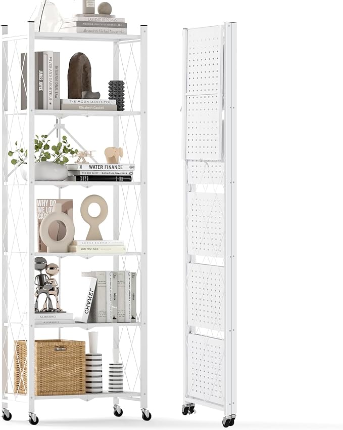DEANIC 6-Shelf Folding Bookcase with Wheels, Heavy Duty Storage Shelves, Freestanding Metal Wire Shelving Unit for Living Room, Office, Kitchen, Basement, Pantry (White) by ShowNow