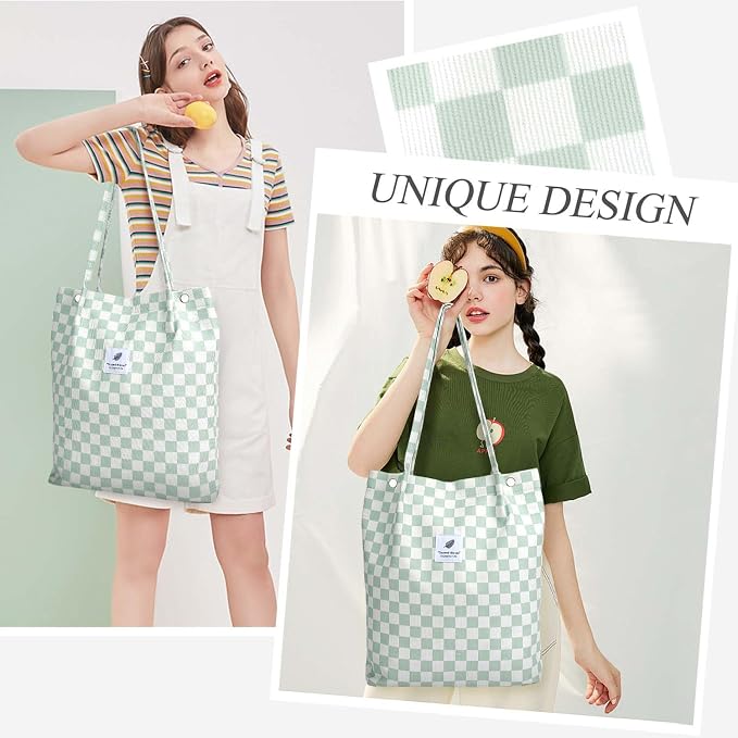 LHMTQVK Corduroy Tote Bags for Women, Large Capacity Tote Purse Reusable Grocery Shoulder Bag with Inner Pockets - Image 2