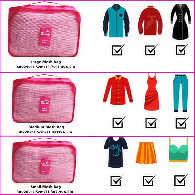 6 Set Packing Cubes Laundry Pouch, Travel Storage Bag Organizer Pouch, Luggage Packing Organizer Bags, Compression Bags for Backpack Suitcases (Hot Pink) - Image 2