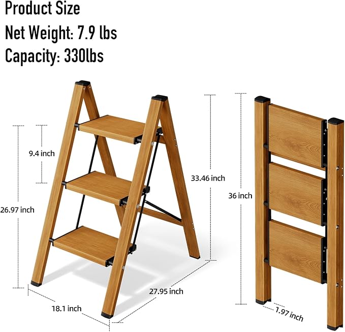 Mayi Plus 3 Step Stool Foldable, Aluminum, Lightweight Step Ladder | Extra-wide anti-slip folding steps with 330 lbs, for home,kitchen,office,outdoor,Woodgrain - Image 6