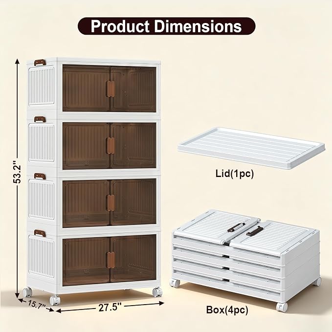 344QT Stackable Storage Bins With Lids, Collapsible Plastic Storage Bins with Wheels and Doors, Foldable Plastic Cabinets for Bedroom Dorm Garage - Image 3