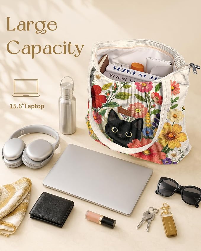 Aesthetic Corduroy Tote Bag with Zipper for Women | Reusable, Fits 14 Inch Laptop, Inner Pocket, double-sided print, Lightweight - Image 6