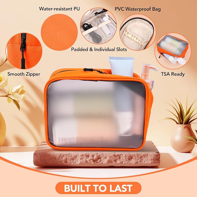 5-Piece Travel Toiletry Bag for Women, Organize Toiletries & Cosmetics | Personal Travel Essentials, with Hanging Toiletry Bag, Clear Cosmetic Bag, Makeup Bag, Jewelry Case & Cable Pouch- Orange - Image 6