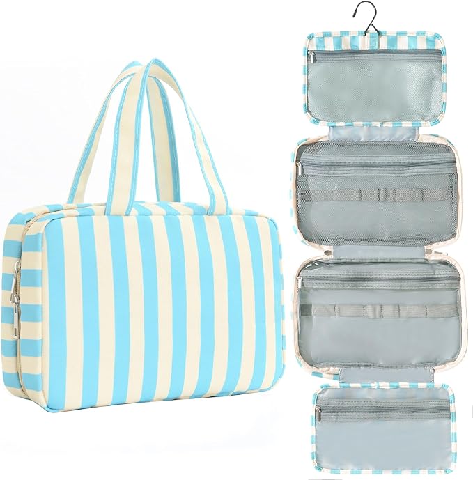 Toiletry Bag for Women Travel Water-resistant Cosmetic Bag Fashion Stripes Makeup Bag with Hanging Hook Preppy for Store Toiletries Cosmetic Accessories Medium Blue by Unknown
