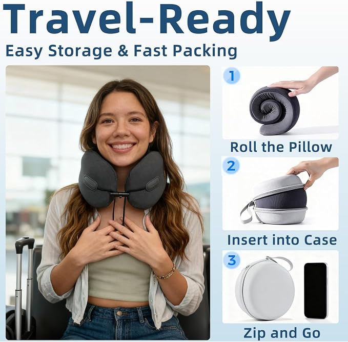 Ergonomic Travel Neck Pillow for Airplane, Memory Foam Support for Long Haul Flight Headrest, Soft Compact U Shaped for Adult Women Plane Sleeping, Portable Carry Box, Eyemask, Earplugs, Size S - Image 6