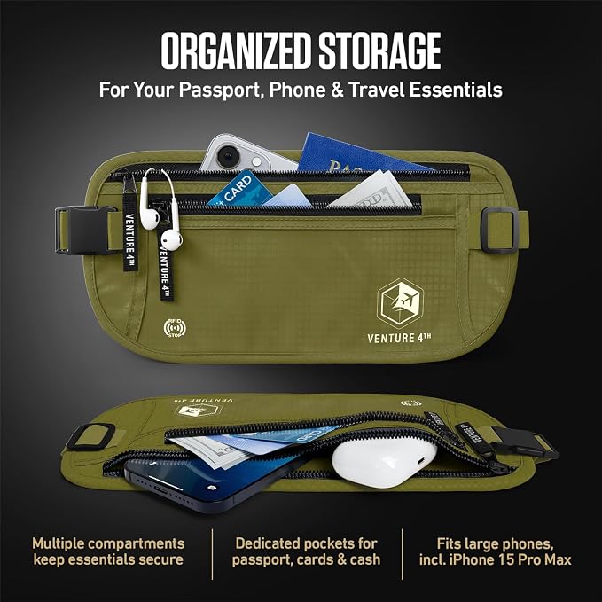 VENTURE 4TH Travel Money Belt, RFID Blocking Passport Holder - Green - Image 5
