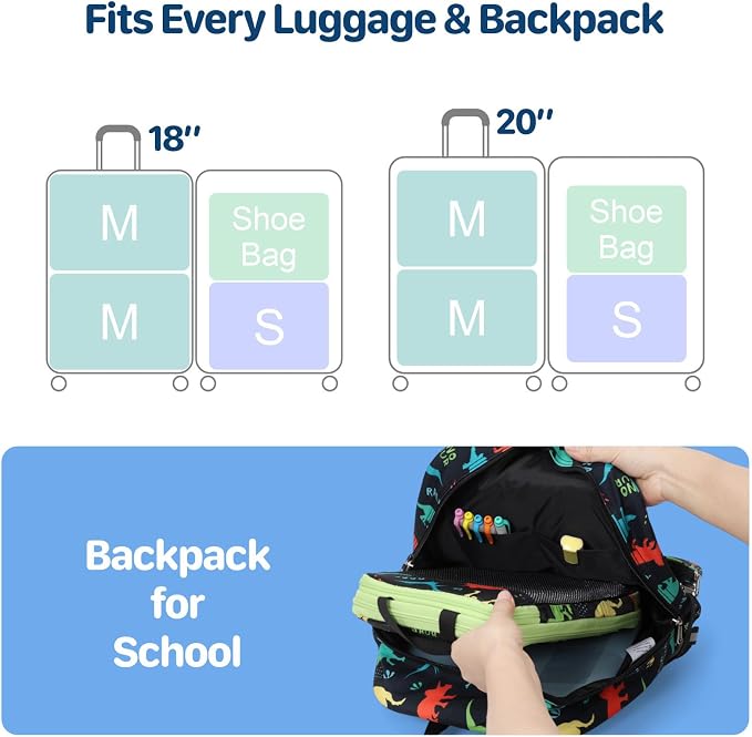 Kids Compression Packing Cubes - 4 PCS Sets, Black Dinasour | Water Resistant 4 Piece Set with Shoe Bag, Toddler Suitcase Organizer Set, Expandable Storage for Luggage - Image 6