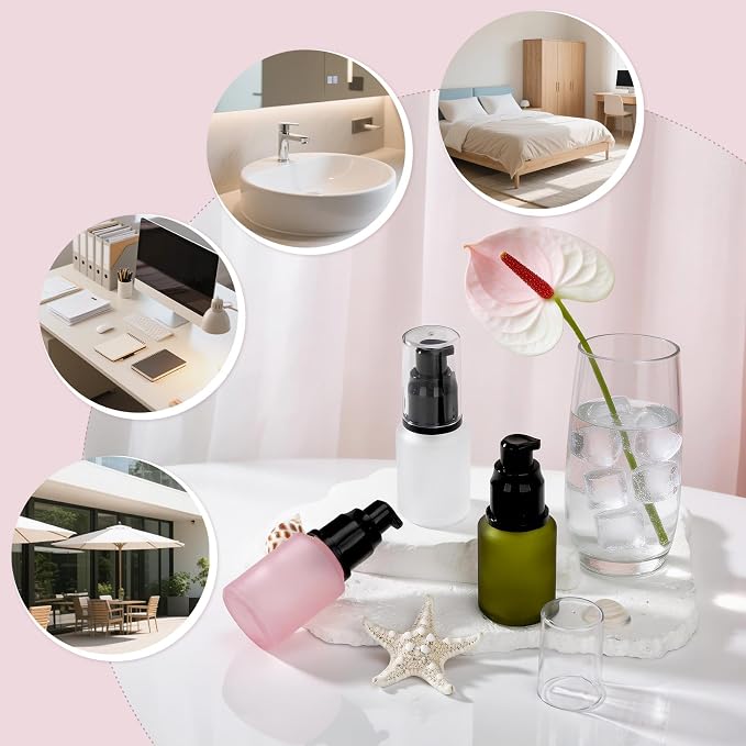 Segbeauty 1oz Frosted Glass Lotion Bottle Empty, 3pcs Travel Lotion Container, 30ml Refillable Glass Travel Bottles for Toiletries, Hair Oil Bottles, Mini Size Skincare Cream Pump Bottle Mixed Color - Image 6