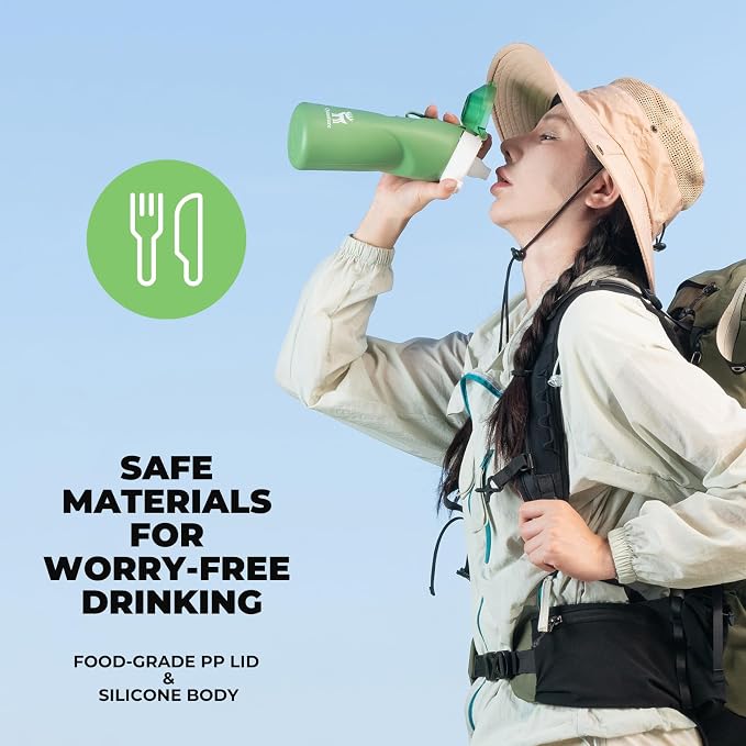 Quanture Collapsible Water Bottle 24oz (700mL), Foldable Silicone Travel Water Bottle, Leakproof & BPA-Free, with Wide Mouth & Carry Strap for Hiking, Camping, Outdoor, Green - Image 3