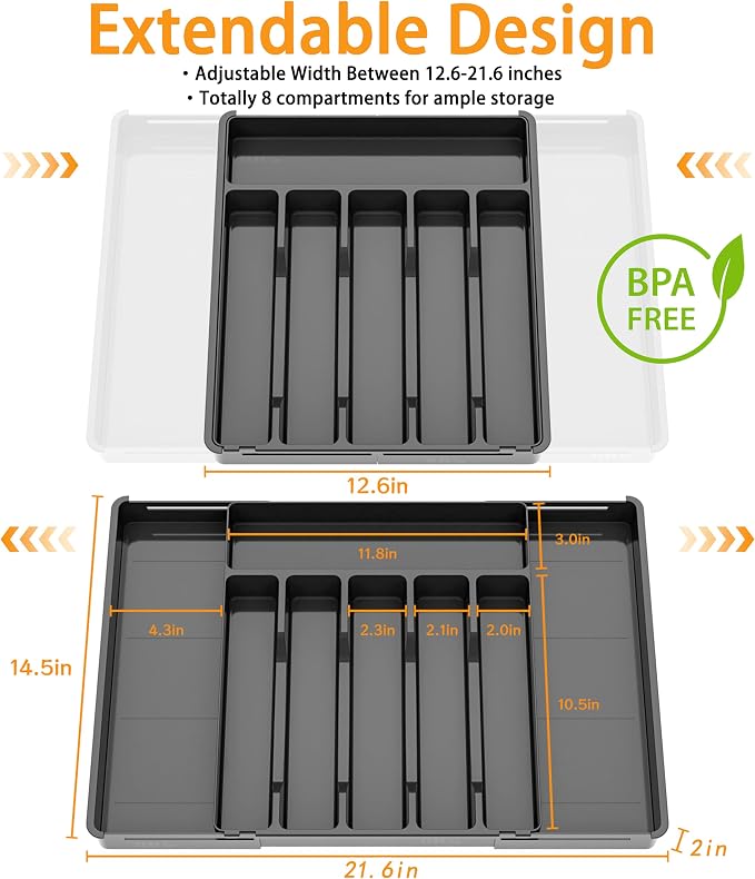 Silverware Drawer Organizer, Expandable Utensil Tray for Kitchen Drawers, BPA Free Flatware and Cutlery Holder, Adjustable Plastic Storage for Utensil like Spoons, Forks, Knives.Black - Image 2
