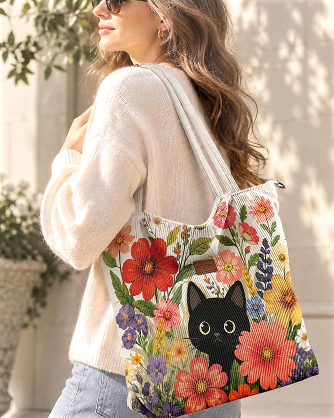 Aesthetic Corduroy Tote Bag with Zipper for Women | Reusable, Fits 14 Inch Laptop, Inner Pocket, double-sided print, Lightweight - Image 2